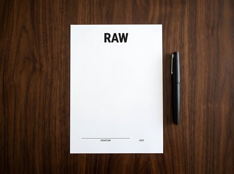 White paper document sheet with raw heading beside black pen on wooden desk surface blank paper wooden background flat lay mock up official paper wooden table dark wood letterhead top view