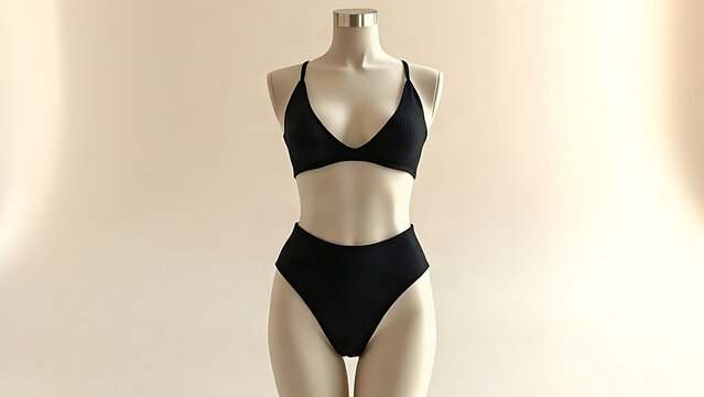 Faceless dress form mannequin wearing black cutout monokini, studio cyclorama, swimwear display