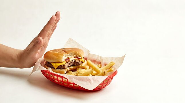 A hand with an open palm is gesturing in a stopping motion beside a red basket containing a cheeseburger and fries on parchment paper