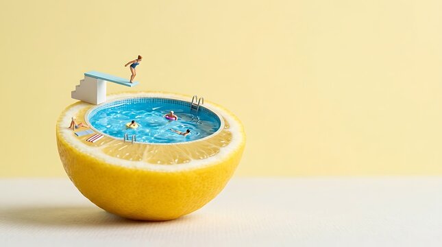 Miniature people swimming in a lemon pool conceptual photography