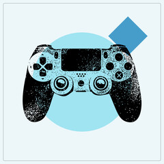 Distressed game controller in speckled stencil texture, sitting over a light blue circle with diamond accent. Retro grunge style suits esports and arcade themes. © Rysak