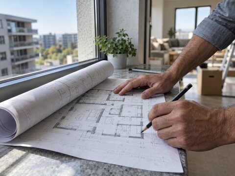 Una persona revisa planos de construcci&oacute;n en una mesa junto a una ventana en una habitaci&oacute;n iluminada