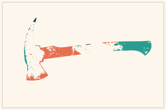 "Weathered tomahawk in distressed flat vector style, blending, teal and speckled texture. This old woodcutter tool suits rugged outdoor branding, lumberjack themes and vintage adventure graphics