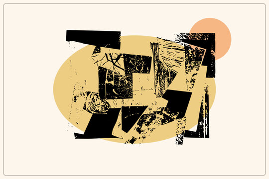 Gritty collage of torn paper scraps over a mustard ellipse, like a paste up poster. Rough style fragments and speckled halftone blotches give this cutout composition a raw zine inspired energy.