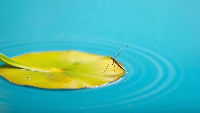 Water strider insect on calm blue water with lily pad, nature and aquatic ecosystem concept
