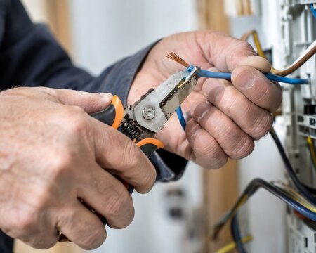 Trabajo de conexi&oacute;n el&eacute;ctrica en un espacio de construcci&oacute;n