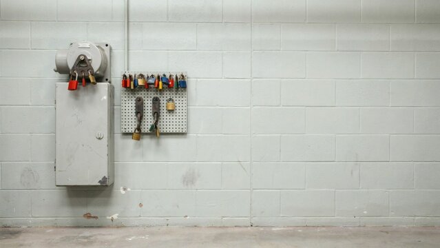 Lockout hasp closed through a motor isolator handle with four personal padlocks fitted
