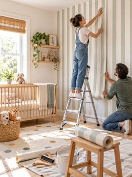 Pareja trabajando en la decoraci&oacute;n de una habitaci&oacute;n infantil con papel tapiz