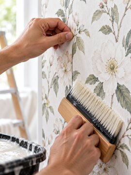 Trabajo de decoraci&oacute;n en interiores con papel tapiz de flores