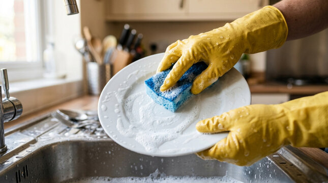 Hands in yellow gloves washing dirty plate with sponge in kitchen sink, foam