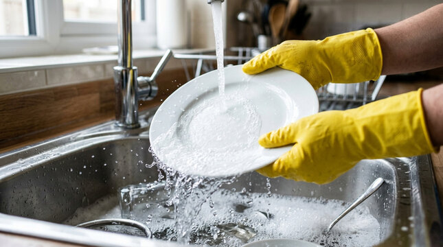 Hands in yellow gloves washing dishes in a kitchen sink with running water