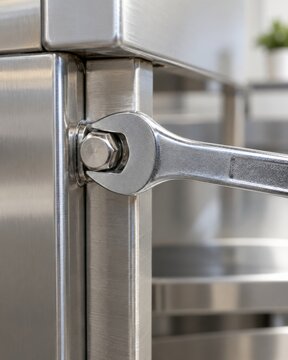 Trabajo de herramientas en un objeto de acero inoxidable en un entorno de cocina moderna