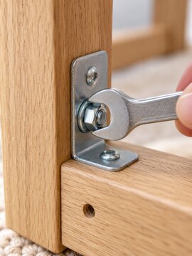 Proceso de ensamblaje de un mueble usando una llave inglesa en un ambiente de trabajo