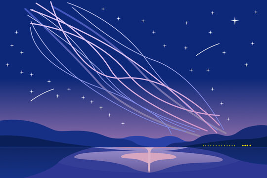 Stylized Northern Lights (Aurora Borealis) Vector Illustration of a Starry Night Over a Tranquil Mountain Lake