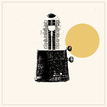 Distressed classic tick tock timekeeper in gritty halftone black ink with speckled texture, its pendulum, weight and winding keys beside a flat sun disc.