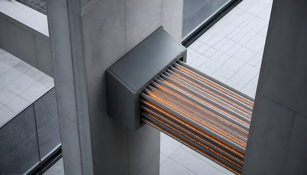 Close up of modern city infrastructure featuring a grey metal conduit and glowing orange cables attached to a concrete building exterior. Futuristic urban telecommunications and structural engineering