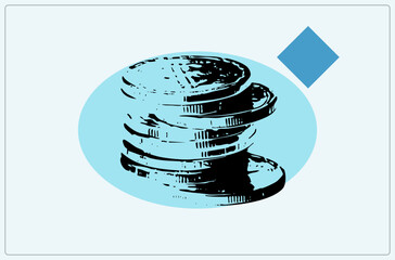 "Gritty distressed stencil stack of loose change, coins piled high on a light blue oval backdrop with diamond accent. Cash pile cutout for fintech, savings, and money themed design projects." © Rysak