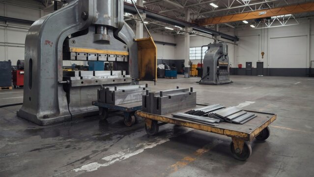 Press tool changeover with the outgoing tool drawn onto a die cart and the next one waiting