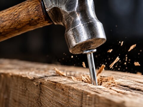 Un martillo golpea un tornillo en una tabla de madera en un taller