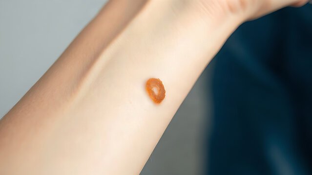 Healing scrape with scab on forearm, recovery and skin care concept