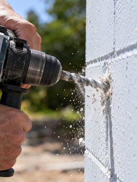 Uso de un taladro en una pared de concreto en un ambiente al aire libre
