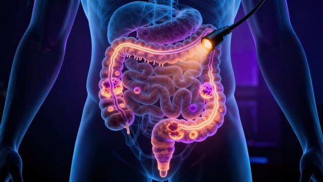 Colonoscope path glowing through rectum and colon segments illuminating polyps and lesions on intestinal wall inside semi-transparent abdomen