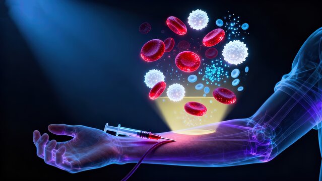 Blood drawn from arm vein with separated components visualized as glowing red blood cells white blood cells platelets and yellow plasma