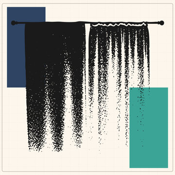Grunge styled window drape, also called a dossel or window curtain, hangs from a finial rod in speckled silhouette. Flat navy and teal blocks frame this textured fabric treatment print.