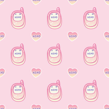 Y2K pink mobile phone seamless pattern vector with XOXO heart badges on light pink background