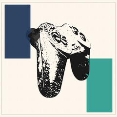 Distressed game controller in gritty stencil style a retro gamepad, also called a joypad or pad floats over flat navy and teal shapes, evoking nostalgic arcade and console gaming culture. © Rysak