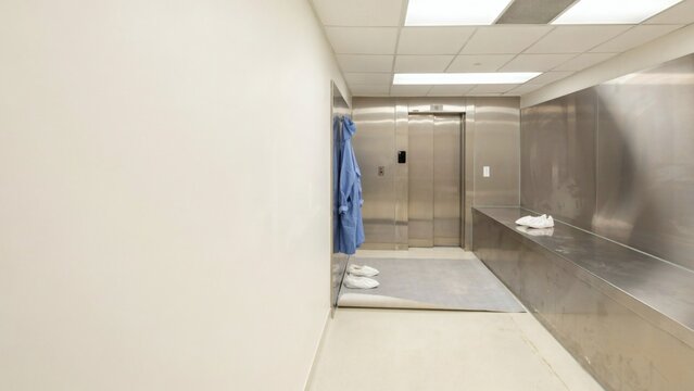 Cleanroom gowning airlock caught between stages with a coverall hanging ready