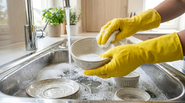 Hands in Yellow Gloves Washing Dishes in Kitchen Sink with Soapy Water