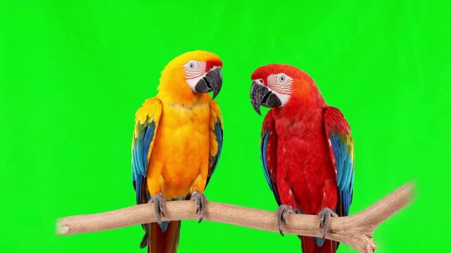 Realistic Two Parrots Natural Movement on Green Screen Background &ndash; Colorful Tropical Birds Video Footage