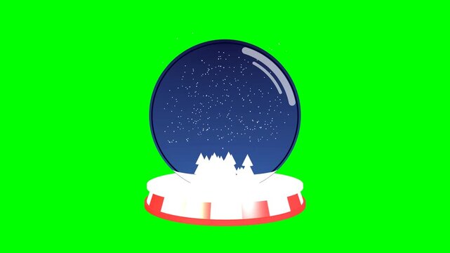 Seamless 8-second 4K loop of a stylized vector-art snowglobe on a greenscreen. Features a rotating red and white striped base, centralized white silhouette trees, swirling snow, and perfect glass