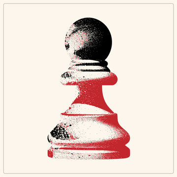 Grungy halftone print of a chess pawn, the humble foot soldier, rendered in stippled red and black ink. This lowly piece gains bold retro character through textured dotwork shading.
