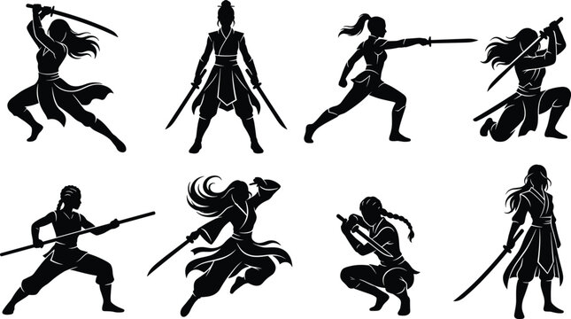 Collection of female warrior silhouettes with swords and martial arts poses, fantasy fighters, isolated on a white background