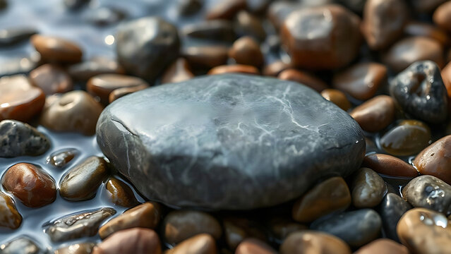 A smooth soapstone rock rests among wet river pebbles.
