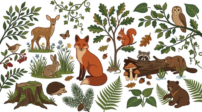 Woodland animals and forest elements vector set with red fox fawn deer squirrel hedgehog brown bear raccoon beaver owl and foliage collection