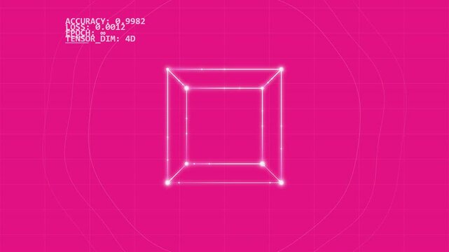 Rotating 3D wireframe cube with data metrics on a pink grid background