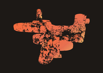 Naklejka premium Distressed bomber aircraft in rough stencil texture, vintage warbird silhouette with faded orange gradient. Suits retro aviation prints and rugged military designs.