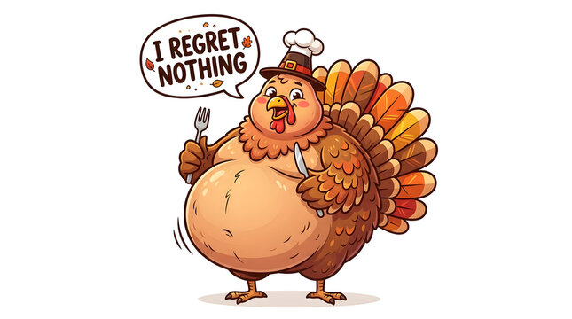 Thanksgiving funny turkey character with big belly saying no regrets