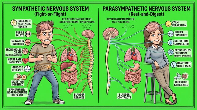 Educational diagram comparing sympathetic and parasympathetic nervous systems