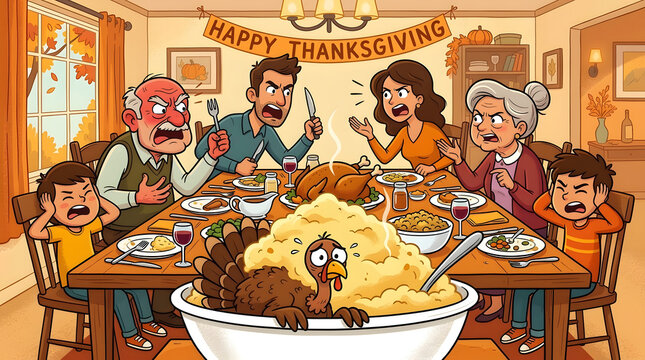 Thanksgiving funny family dinner argument with hiding live turkey