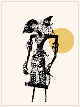 Traditional Javanese wayang kulit shadow puppet, a dalang figure known as wayang purwa, rendered in ornate black silhouette beside a sun disc, evoking Indonesian folklore and ritual theater.