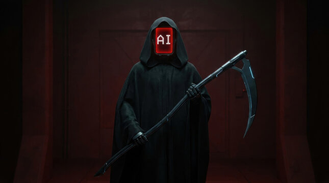 AI job replacement concept with dark hooded figure holding scythe in eerie setting symbolizing future technology impact