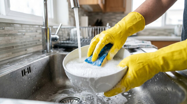 Hands in Yellow Gloves Washing Dishes with Sponge in Kitchen Sink