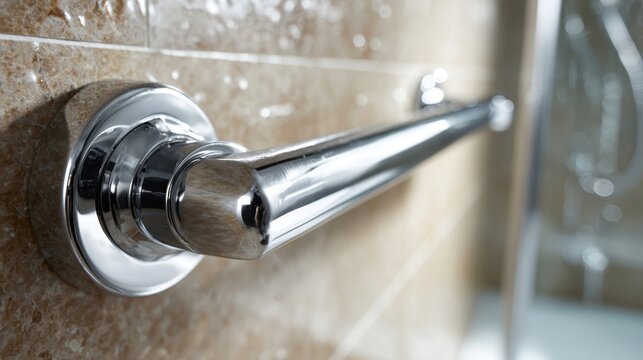 Polished chrome grab bar securely installed next to tiled surface in bathroom for safety and support