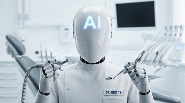 AI robot in dental clinic holding dental tools symbolizing job replacement by AI technology in healthcare and dentistry