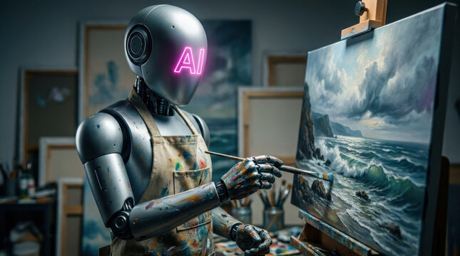 AI robot artist painting seascape on canvas in studio showing job replacement by technology with creative expression