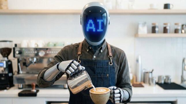 Robot barista coffee latte cafe apron kitchen milk cup artificial intelligence technology service beverage modern machine drink bar coffee shop